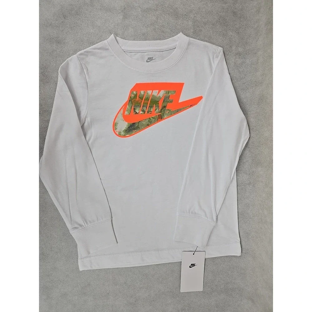 NWT Nike Shirt Boys Size 7 Long Sleeve SWOOSH White Camo Logo Graphic Tee NEW‎